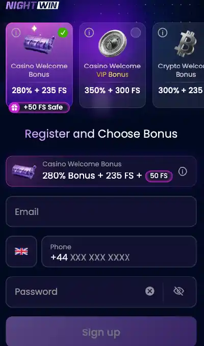 NightWin casino account login screen with Log In tab